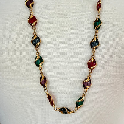 Vintage Swarovski multicolor crystal necklace with gold-plated ribbon links