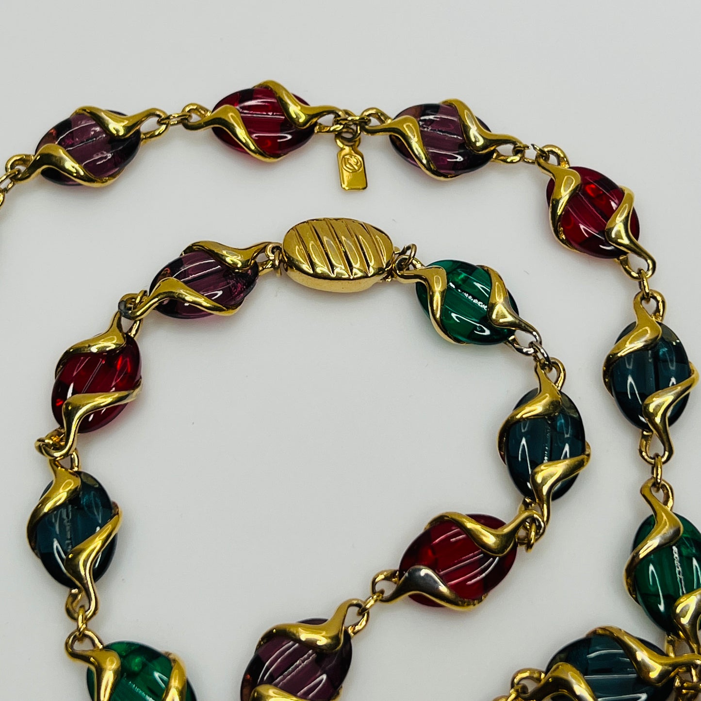 Vintage Swarovski multicolor crystal necklace with gold-plated ribbon links