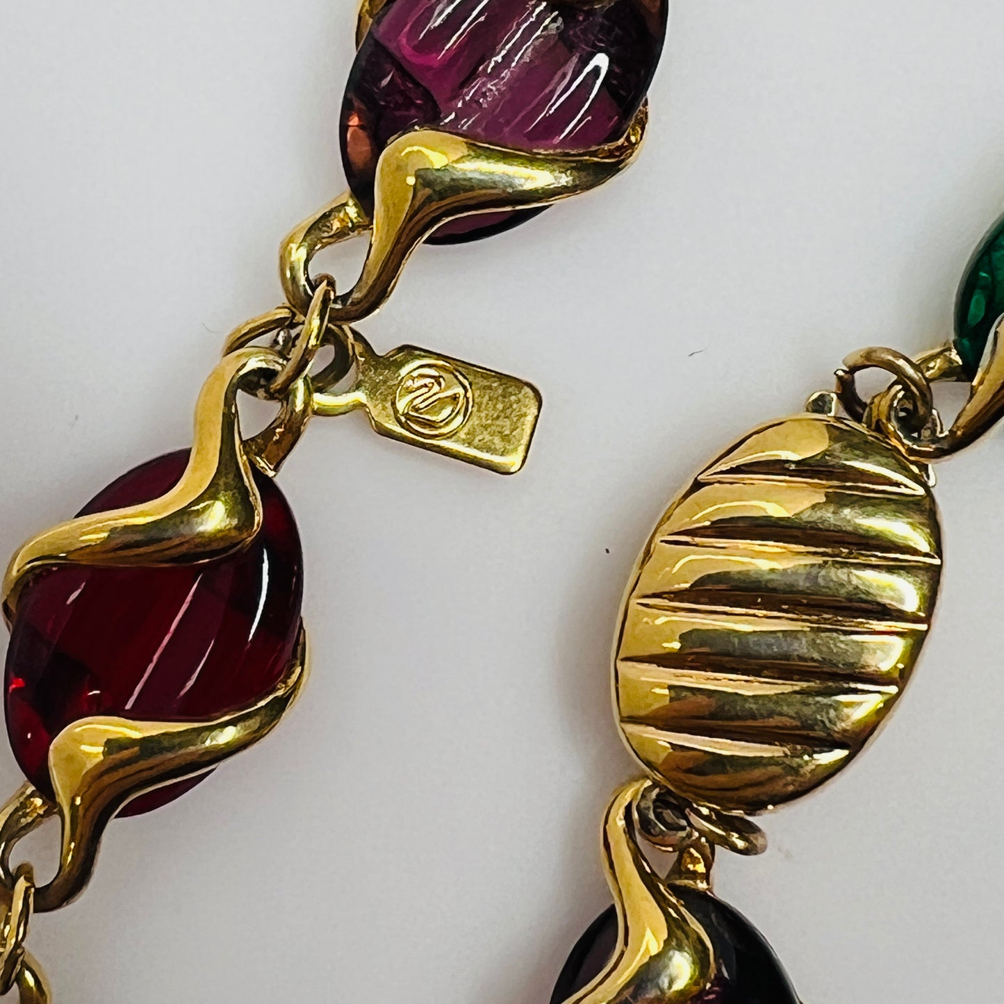 Vintage Swarovski multicolor crystal necklace with gold-plated ribbon links