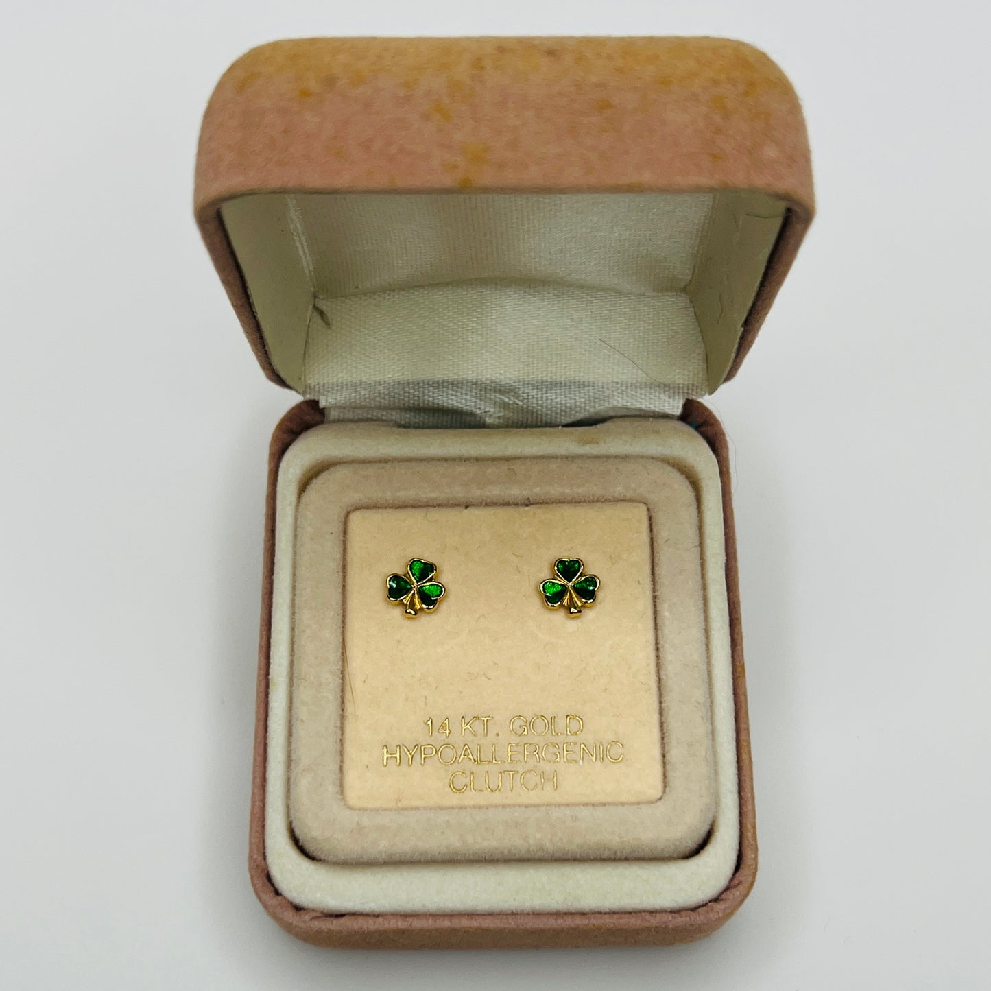 Vintage shamrock earrings in original cream velvet box marked 14KT gold