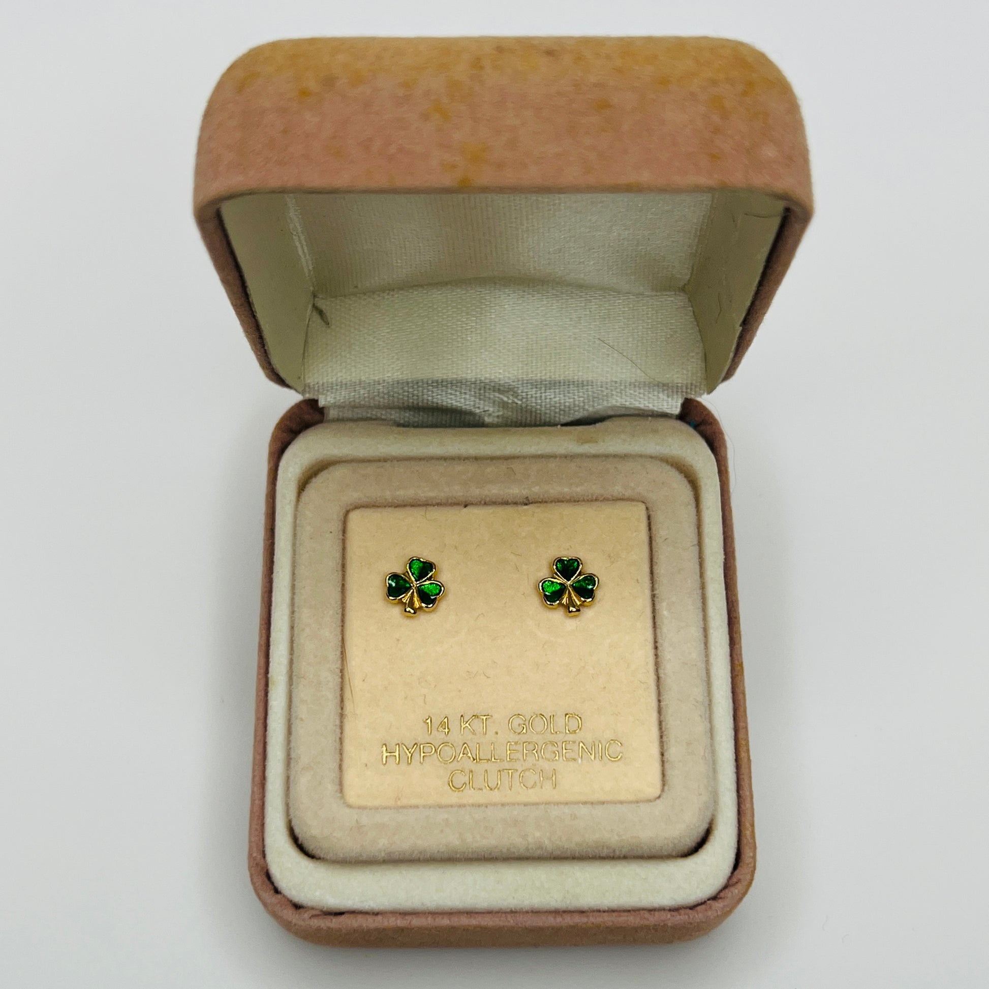 Vintage shamrock earrings in original cream velvet box marked 14KT gold