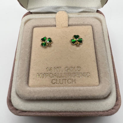 Vintage shamrock earrings in original cream velvet box marked 14KT gold
