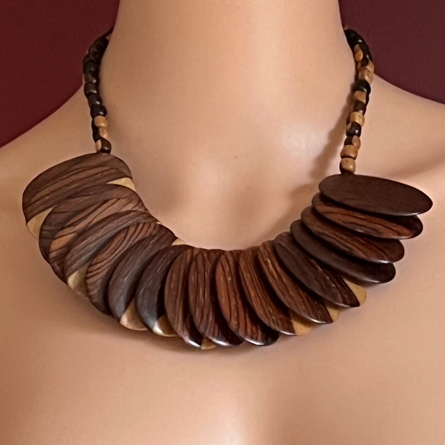 Two-tone wood statement necklace with oversized oval beads