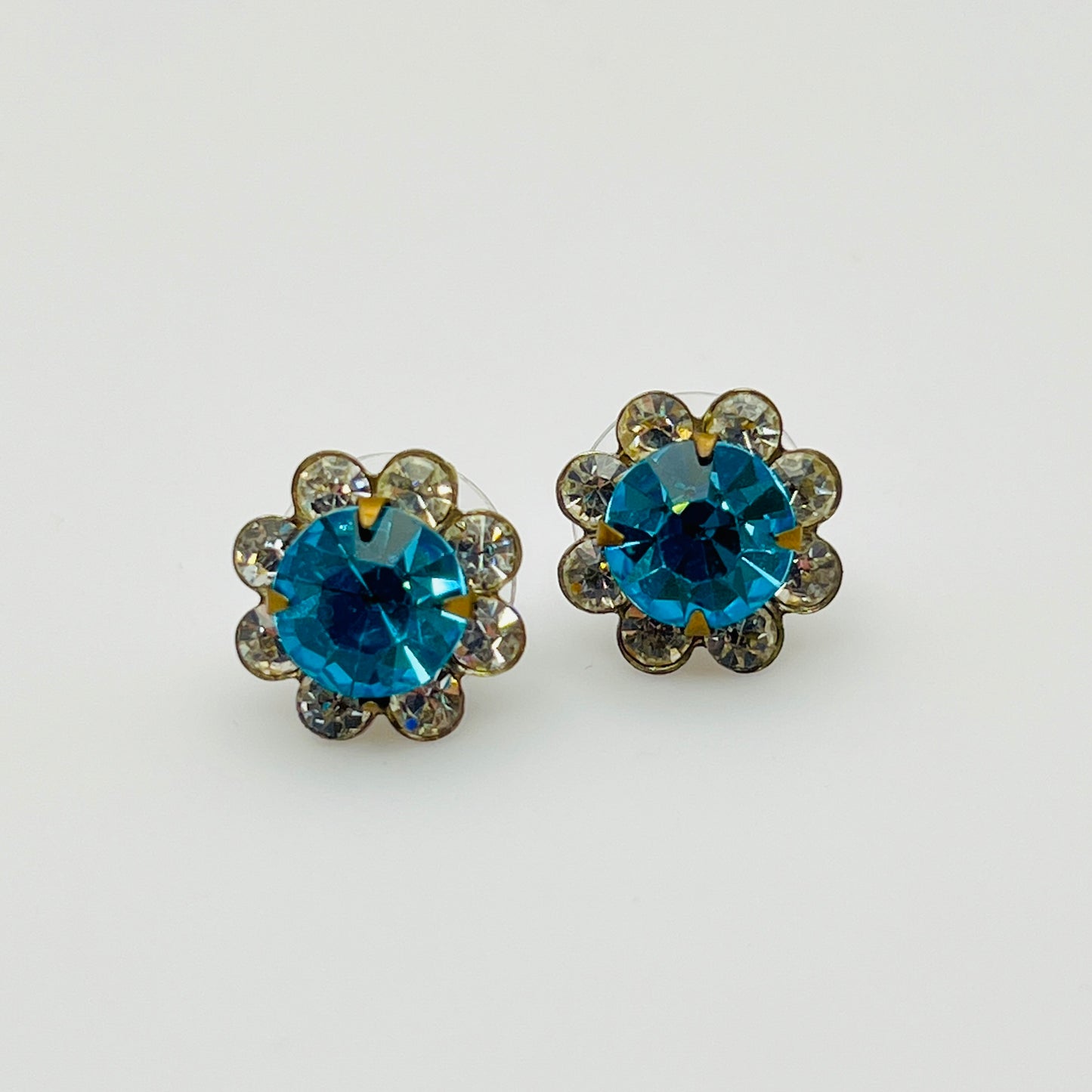 Vintage aqua and clear crystal stud earrings in silver-tone setting