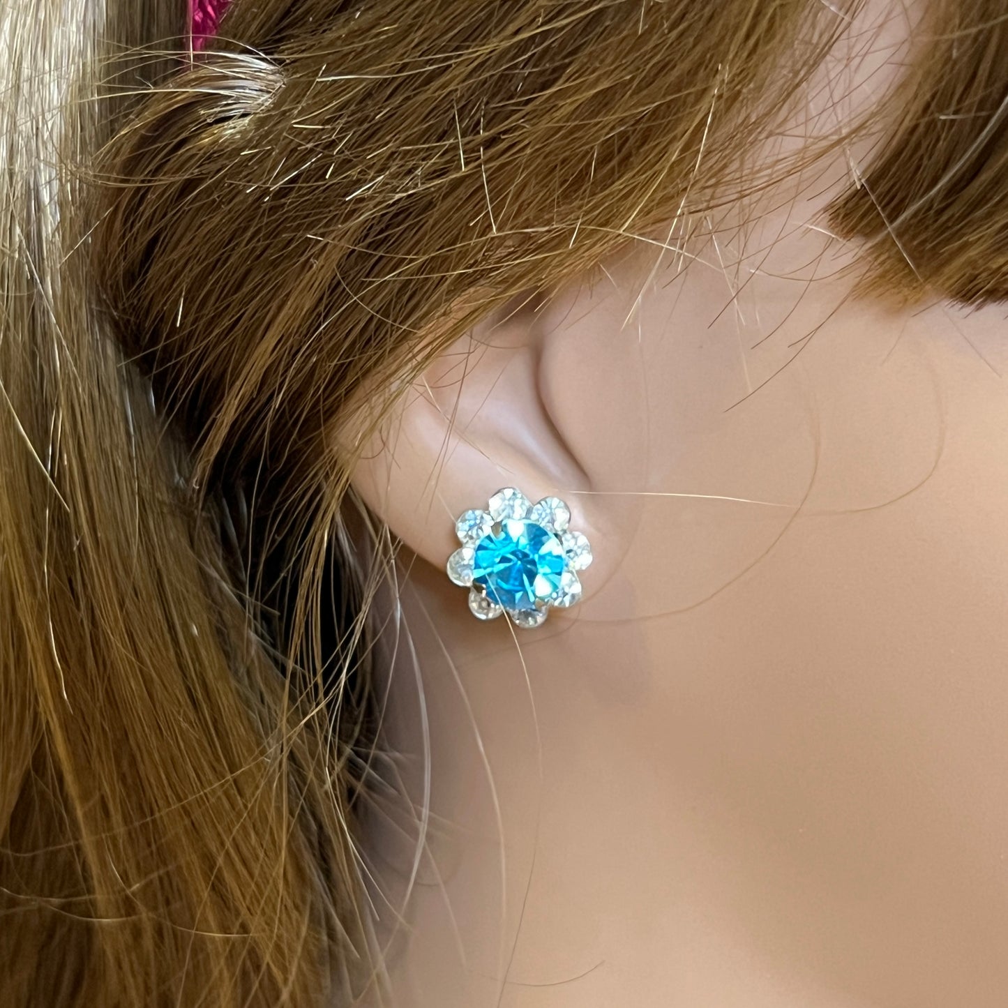 Vintage aqua and clear crystal stud earrings in silver-tone setting