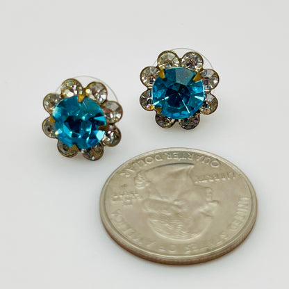 Vintage aqua and clear crystal stud earrings in silver-tone setting
