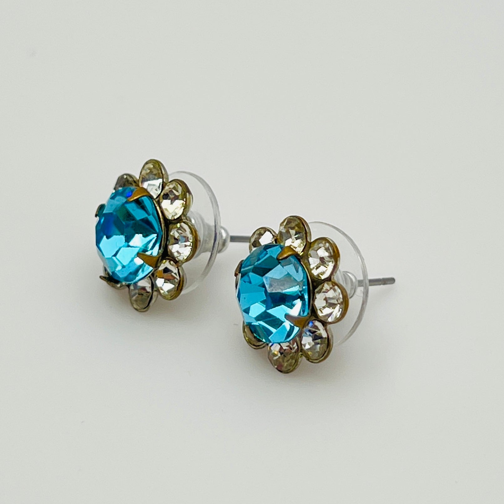Vintage aqua and clear crystal stud earrings in silver-tone setting