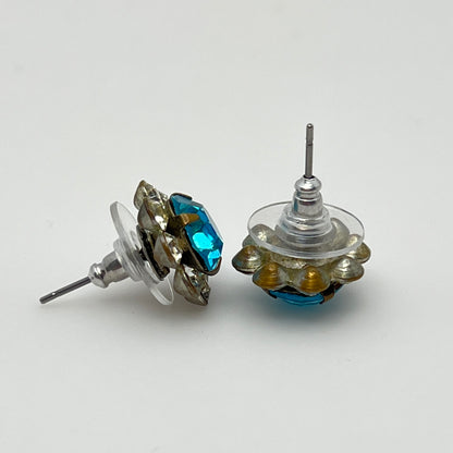 Vintage aqua and clear crystal stud earrings in silver-tone setting