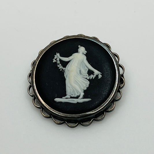 Vintage Wedgwood black and white jasperware cameo brooch in sterling silver setting