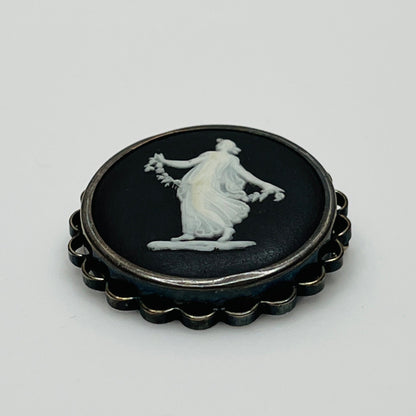 Vintage Wedgwood black and white jasperware cameo brooch in sterling silver setting