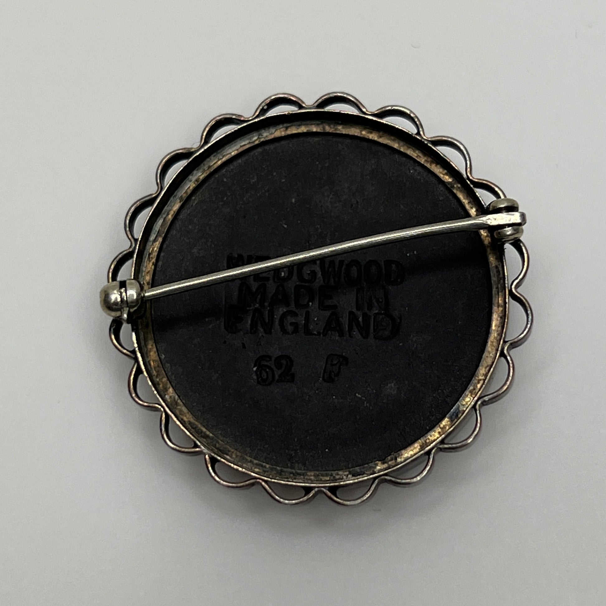 Vintage Wedgwood black and white jasperware cameo brooch in sterling silver setting