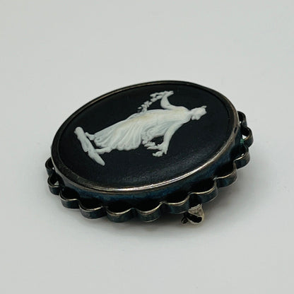 Vintage Wedgwood black and white jasperware cameo brooch in sterling silver setting