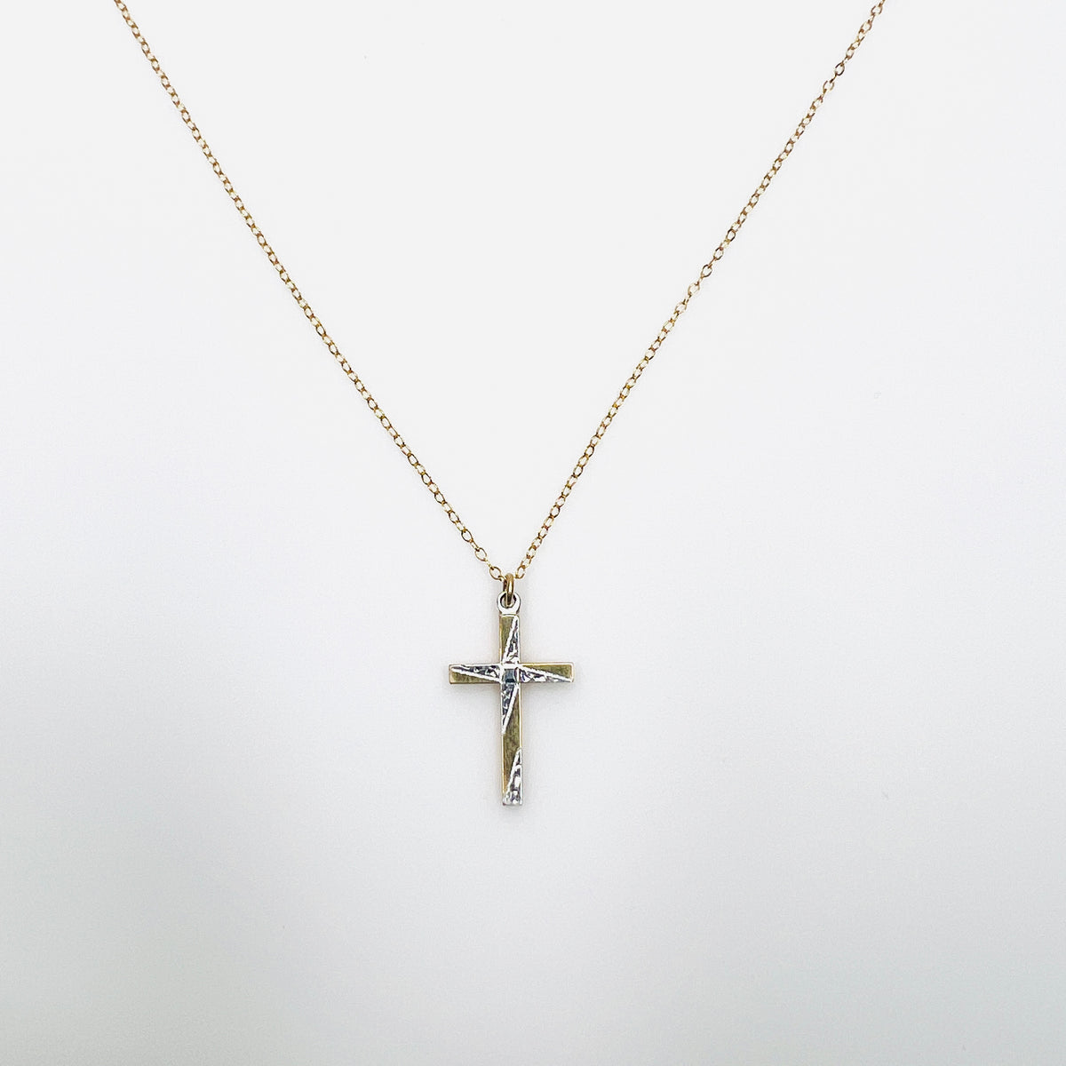 Vintage Carl-Art 12K gold-filled two-tone etched cross pendant on delicate gold chain