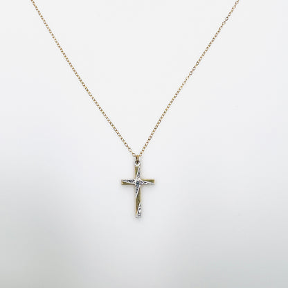 Vintage Carl-Art 12K gold-filled two-tone etched cross pendant on delicate gold chain