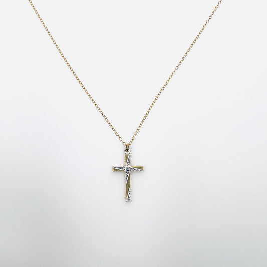 Vintage Carl-Art 12K gold-filled two-tone etched cross pendant on delicate gold chain