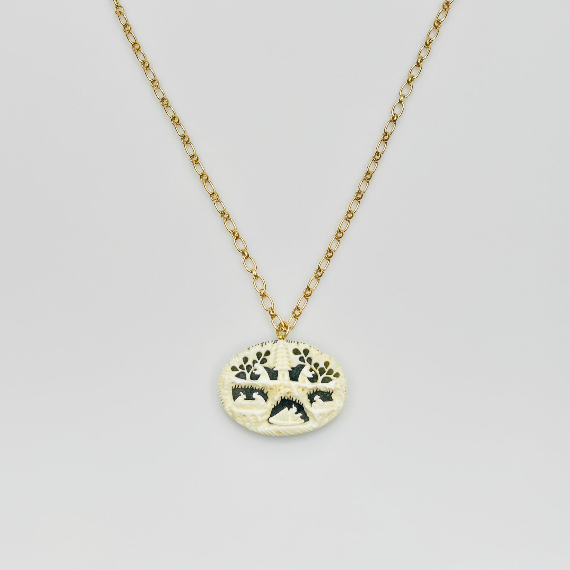 Vintage carved bone and jade pendant necklace on gold filled chain