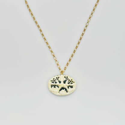 Vintage carved bone and jade pendant necklace on gold filled chain