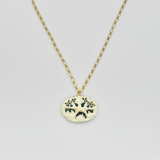 Vintage carved bone and jade pendant necklace on gold filled chain