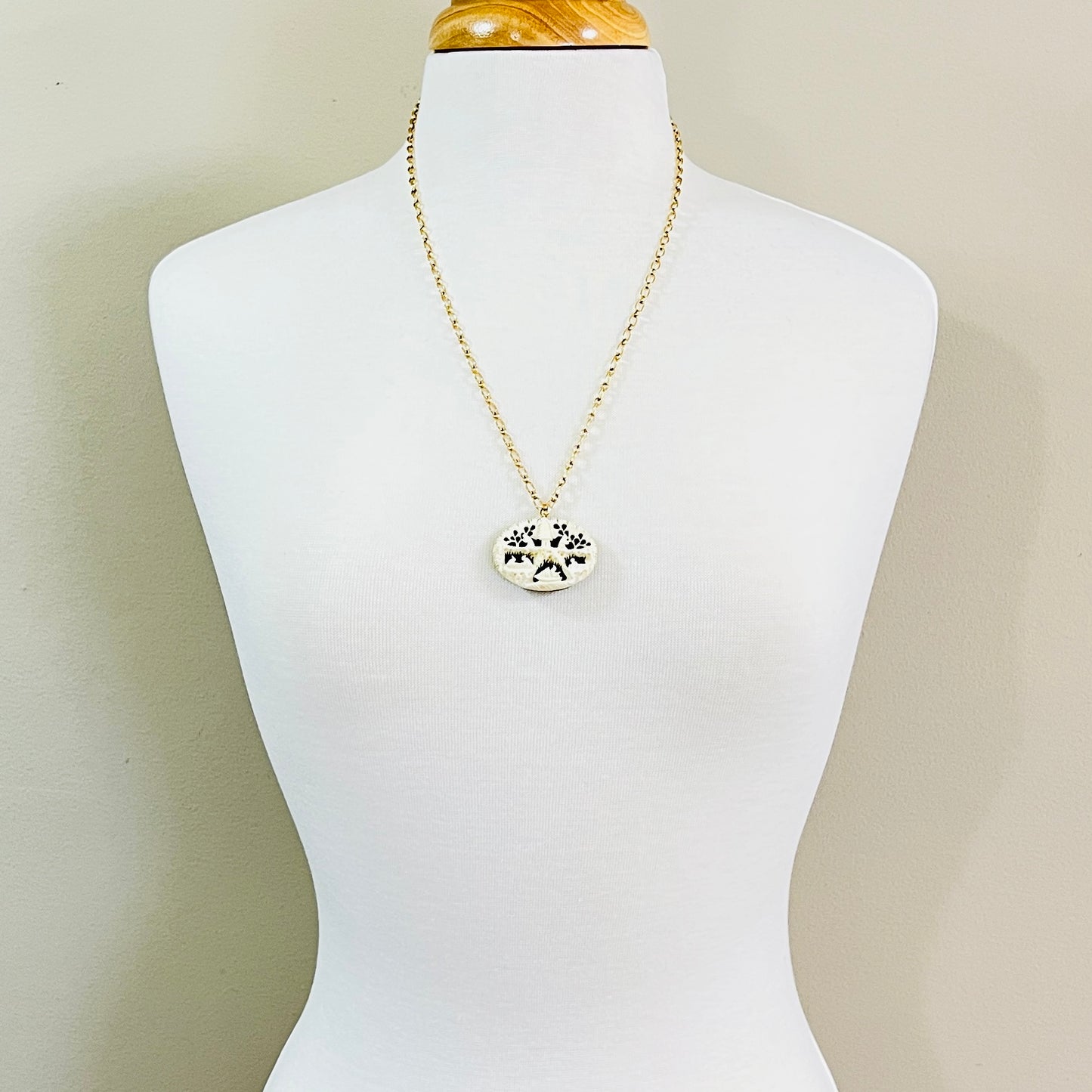 Vintage carved bone and jade pendant necklace on gold filled chain