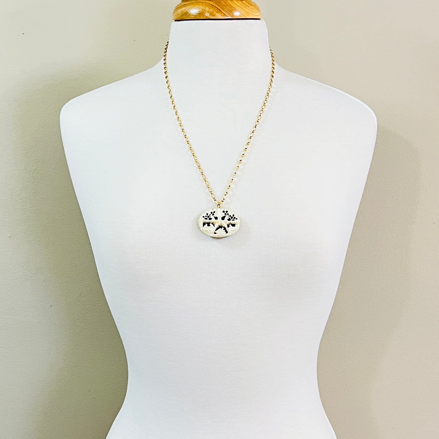 Vintage carved bone and jade pendant necklace on gold filled chain