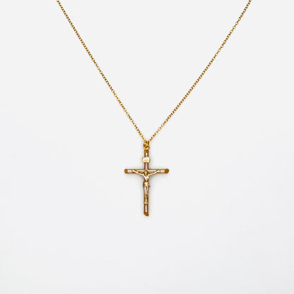 Vintage 14K gold filled crucifix cross pendant necklace on matching gold filled chain.