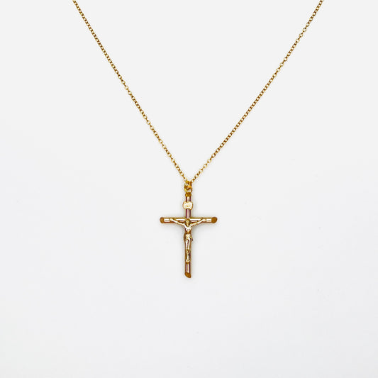 Vintage 14K gold filled crucifix cross pendant necklace on matching gold filled chain.