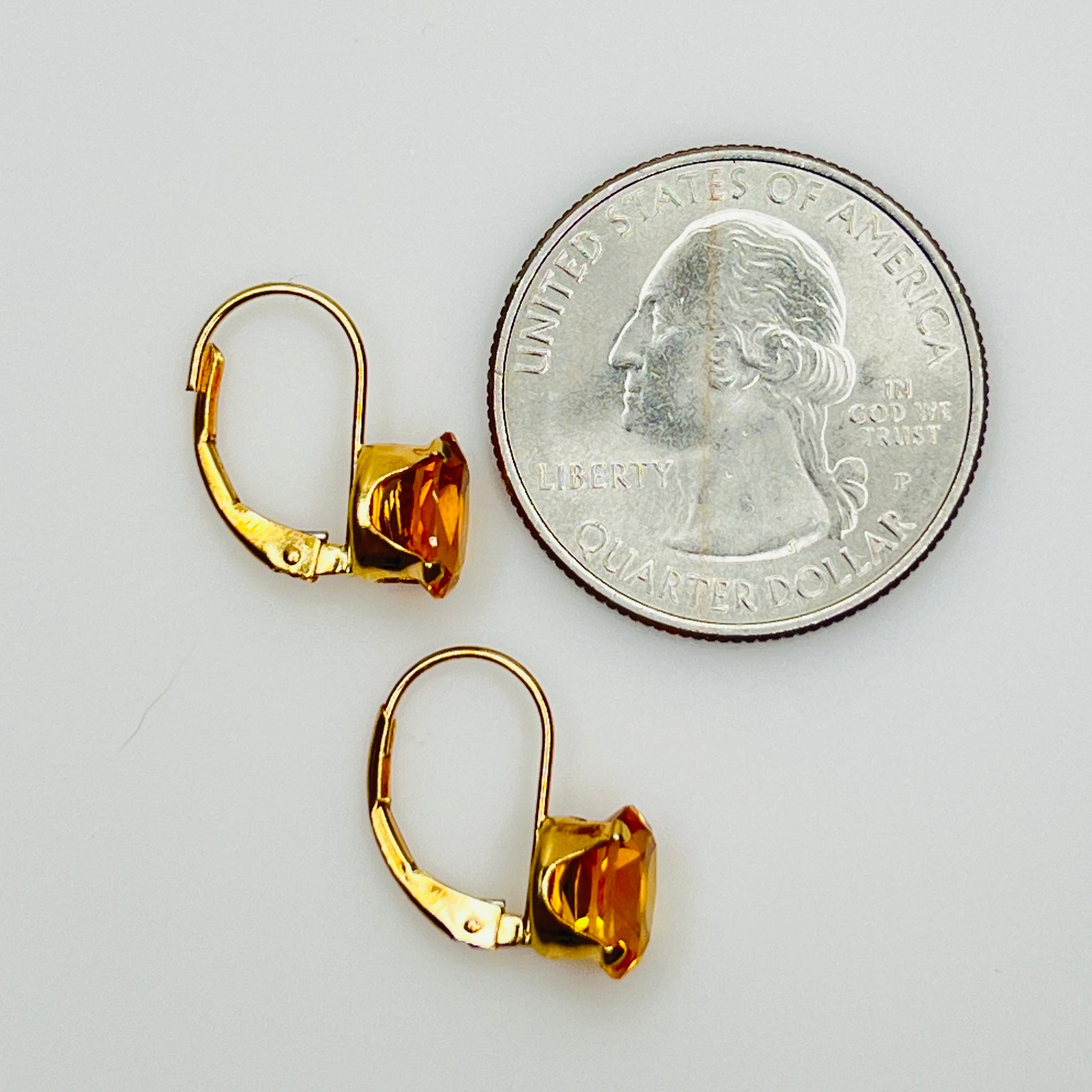 Vintage citrine earrings size comparison with US quarter