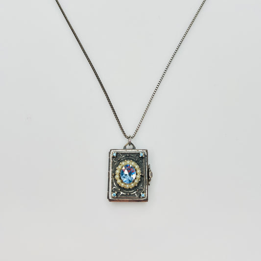 Vintage Coro Pegasus locket necklace with blue rhinestone and pearls