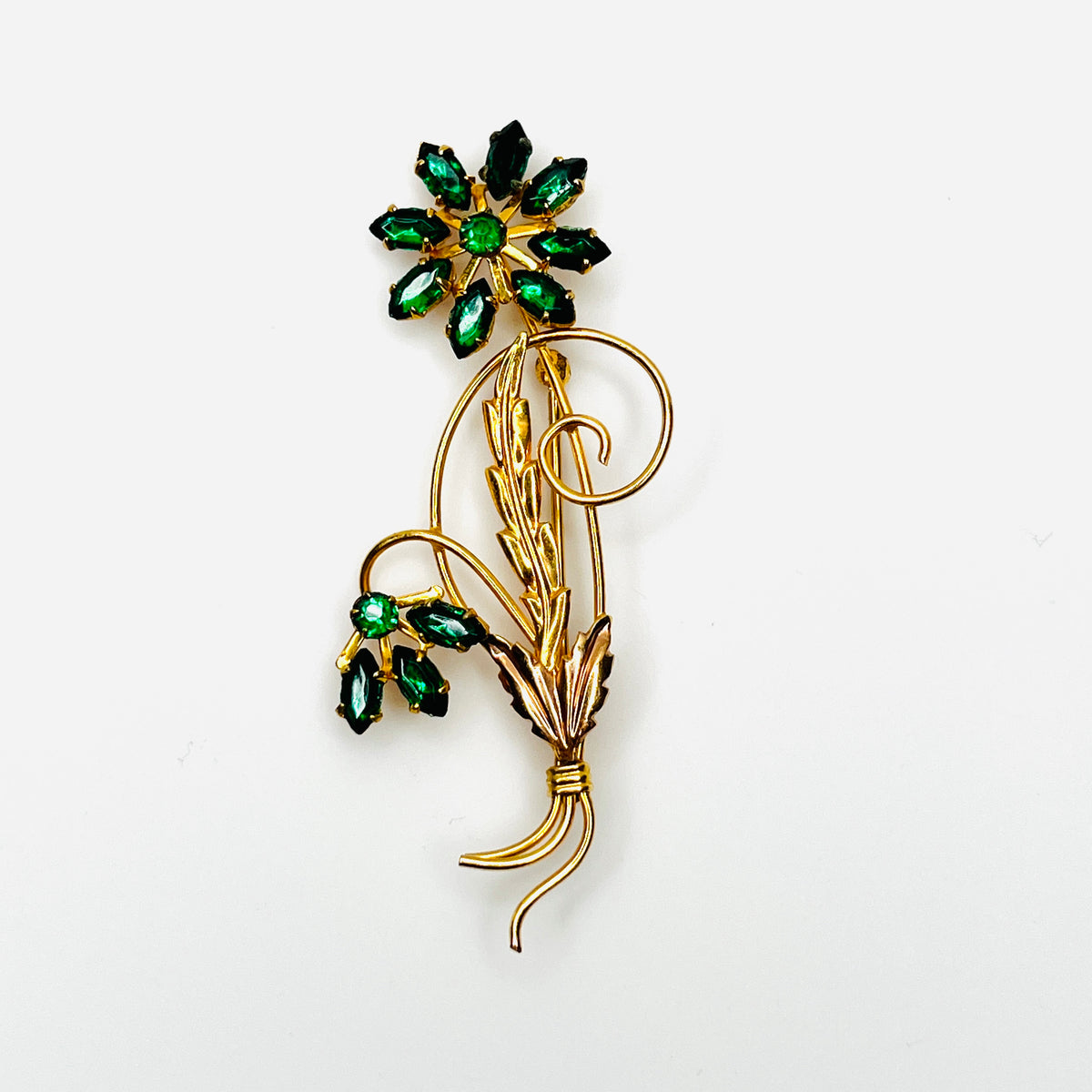 Vintage 1940s Michaelson & Sons emerald green rhinestone gold filled floral brooch
