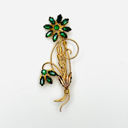 Vintage 1940s Michaelson & Sons emerald green rhinestone gold filled floral brooch