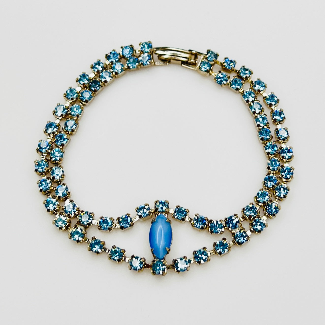 Vintage 1950s blue moonstone and baby blue rhinestone double strand bracelet