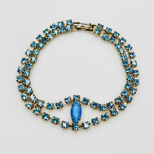 Vintage 1950s blue moonstone and baby blue rhinestone double strand bracelet