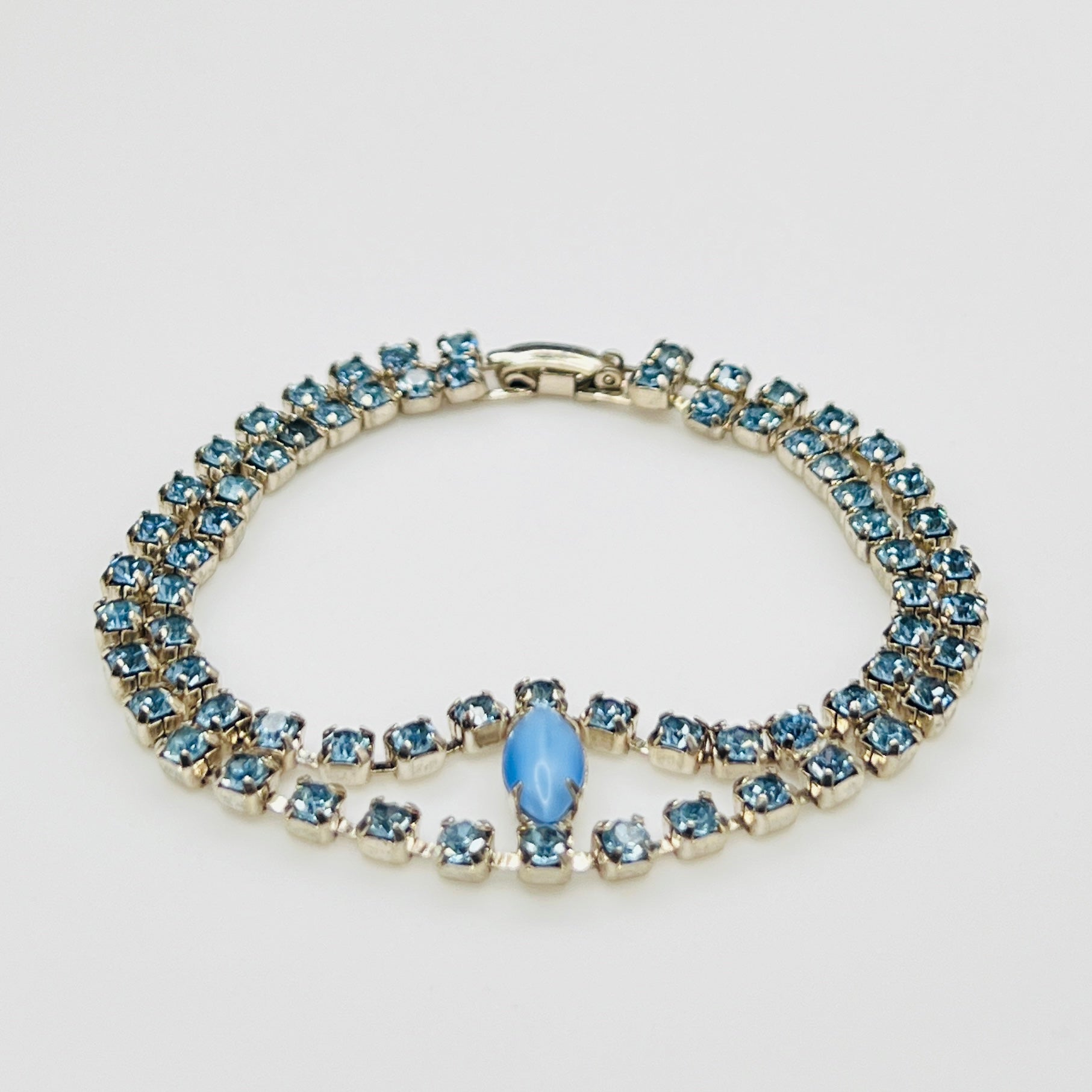 Side view Vintage 1950s blue moonstone and baby blue rhinestone double strand bracelet