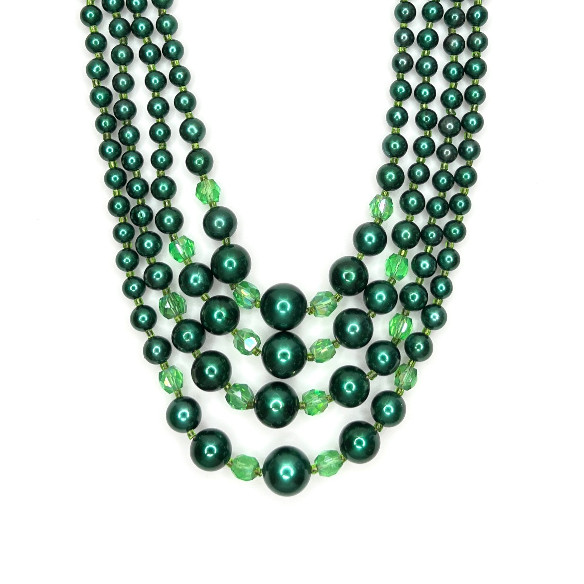 Vintage 1950s emerald green faux pearl and crystal four strand necklace