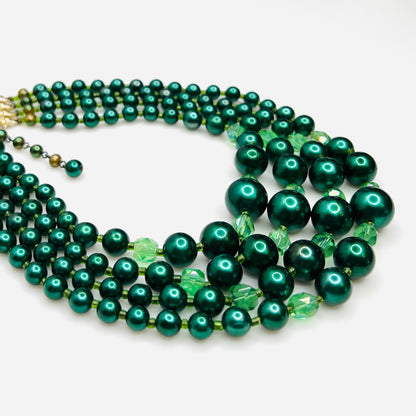 Vintage Japan necklace with emerald faux pearls and faceted crystal beads