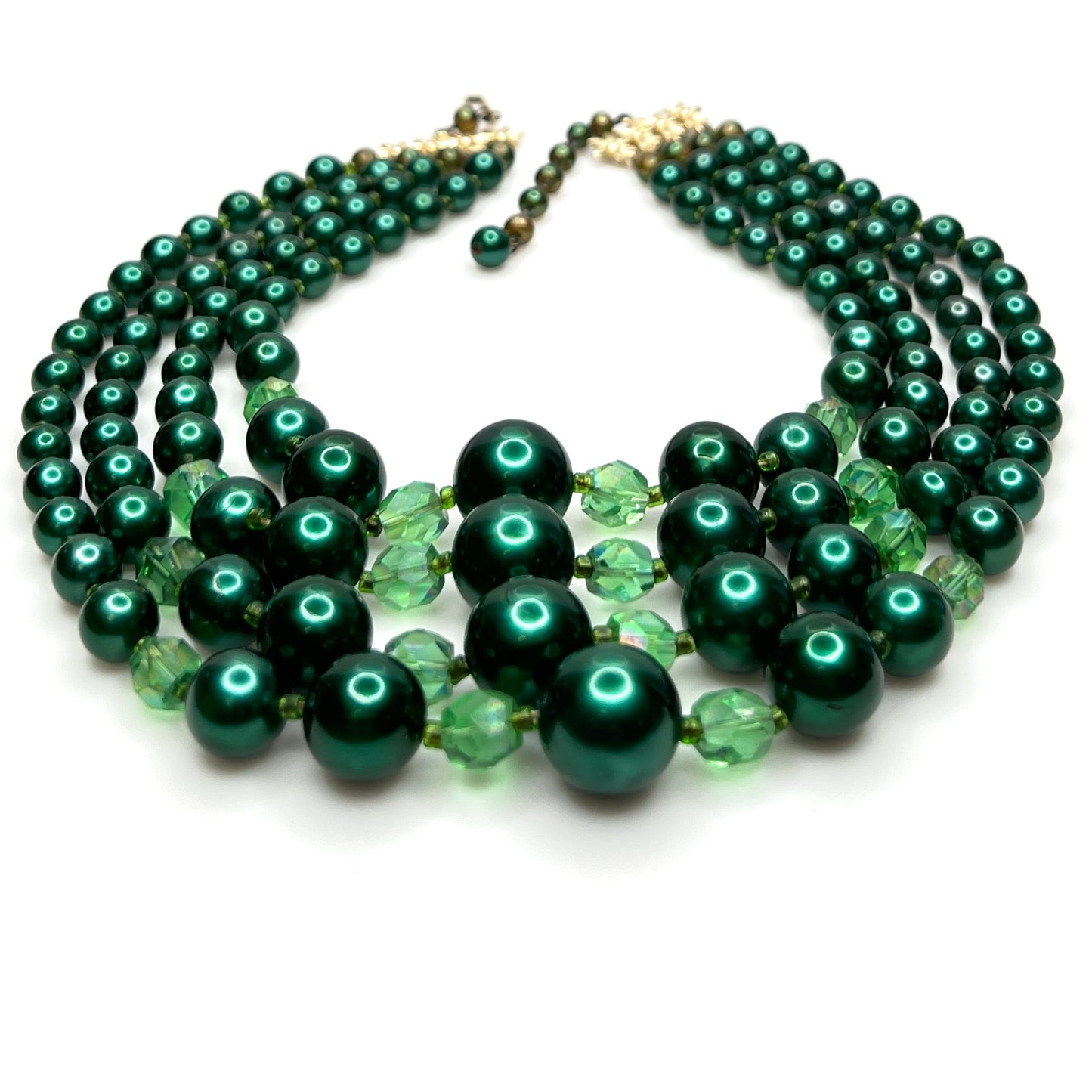 Vintage Japan necklace with emerald faux pearls and faceted crystal beads