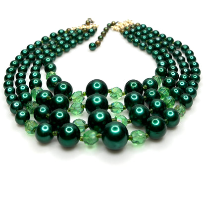 Vintage Japan necklace with emerald faux pearls and faceted crystal beads