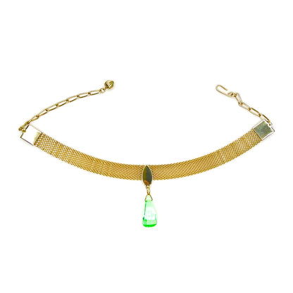 Vintage 1950s gold tone mesh choker necklace with faceted green crystal drop pendant