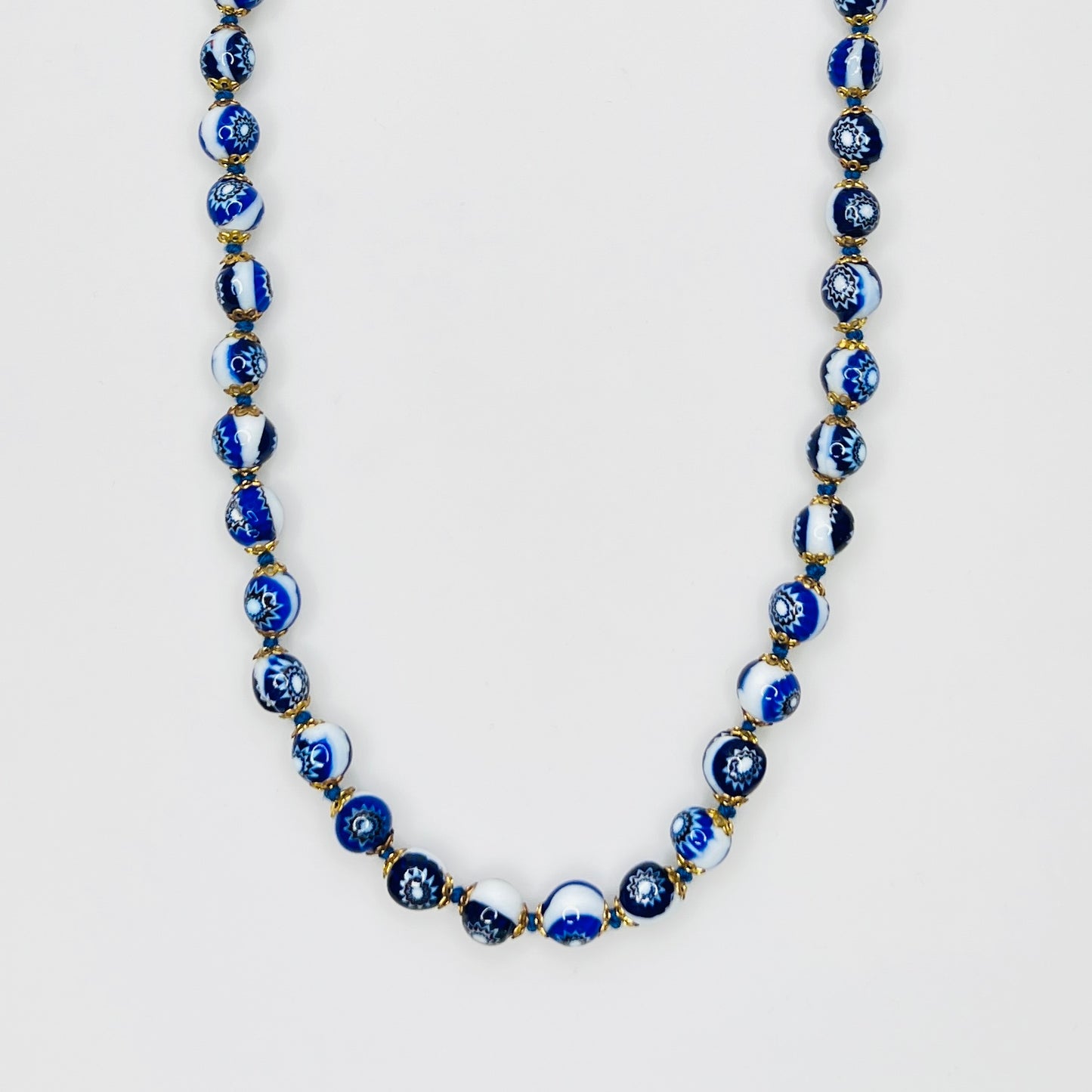 Vintage Murano millefiori blue bead necklace long strand