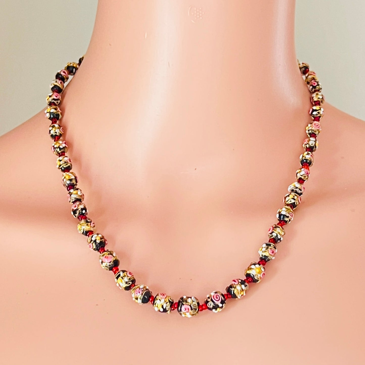 1950s Venetian glass wedding cake bead necklace on mannequin