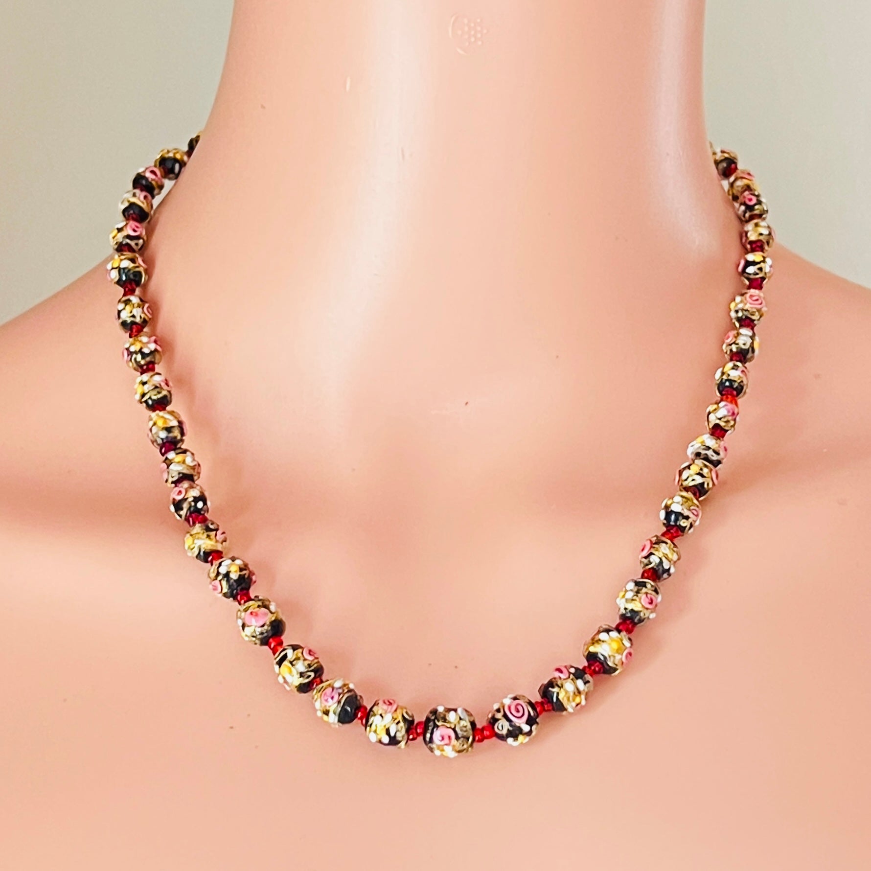 1950s Venetian glass wedding cake bead necklace on mannequin