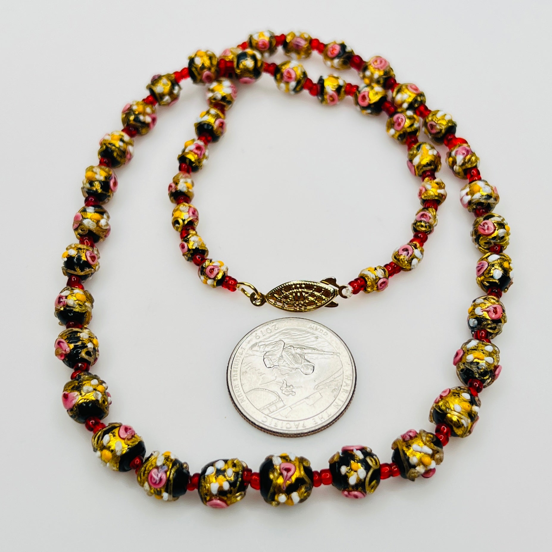 Vintage Murano wedding cake bead necklace with red glass spacers