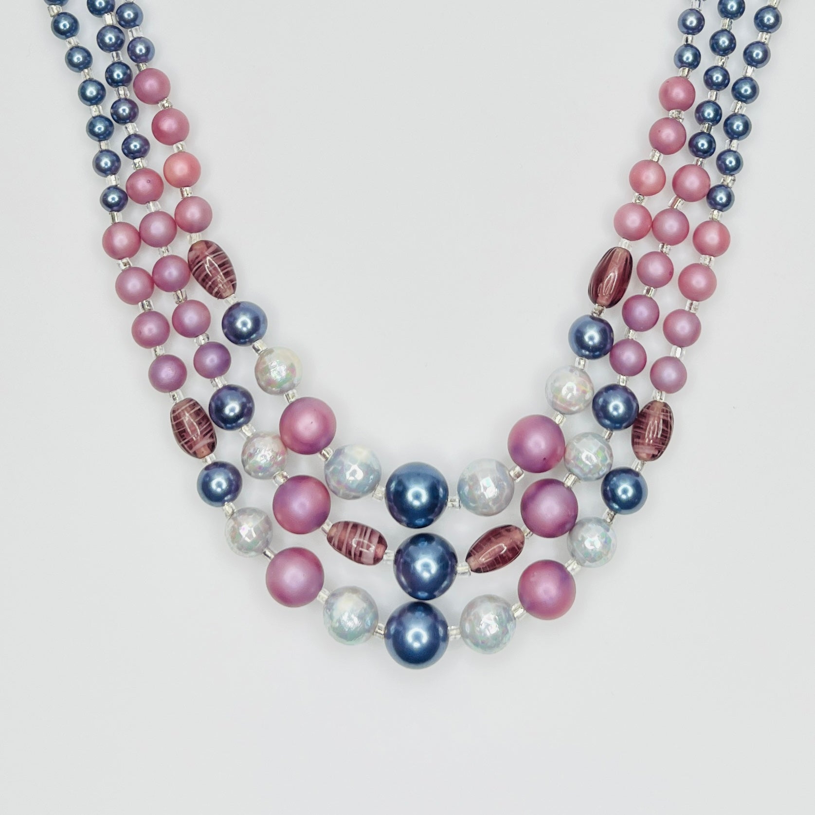 Vintage pink and blue multi strand faux pearl necklace Japan 1950s