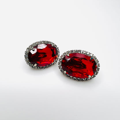 Red Crystal Clip-On Earrings – 1950s – Rhinestone Halo