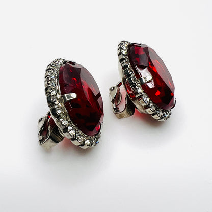 Red Crystal Clip-On Earrings – 1950s – Rhinestone Halo