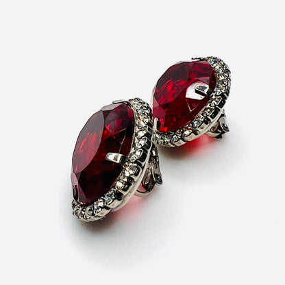 Red Crystal Clip-On Earrings – 1950s – Rhinestone Halo