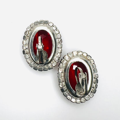 Red Crystal Clip-On Earrings – 1950s – Rhinestone Halo