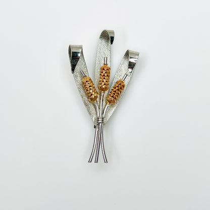 Vintage 1950s two-tone cattail brooch with gold cattails and textured silver-tone leaves