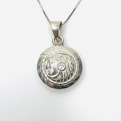 1960s silver Aztec pendant necklace with round Tonatiuh sun god design