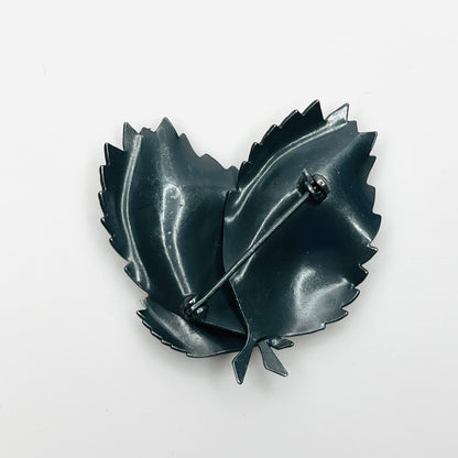Back view of vintage 1960s silver tone leaf brooch with pin clasp